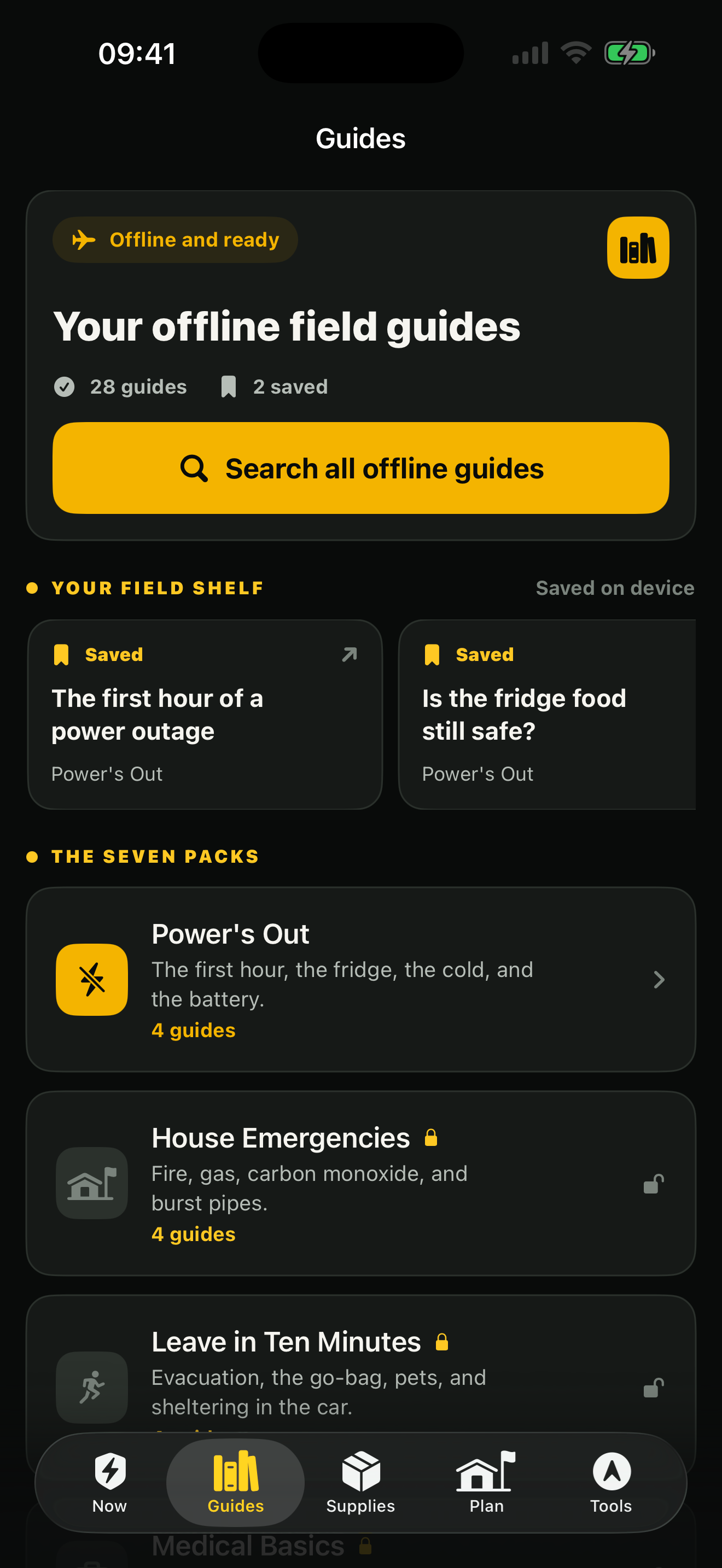 Nothing Loads offline library with emergency guides and a saved field shelf