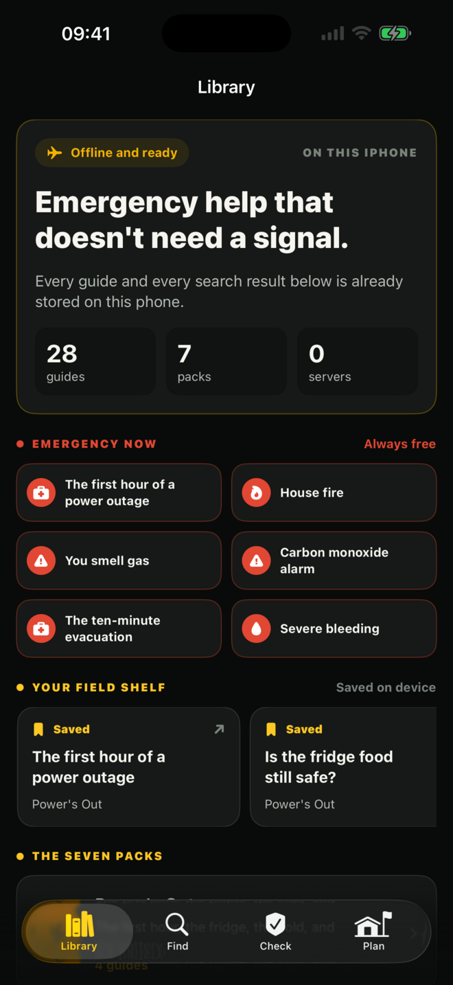 Nothing Loads offline library with emergency guides and a saved field shelf