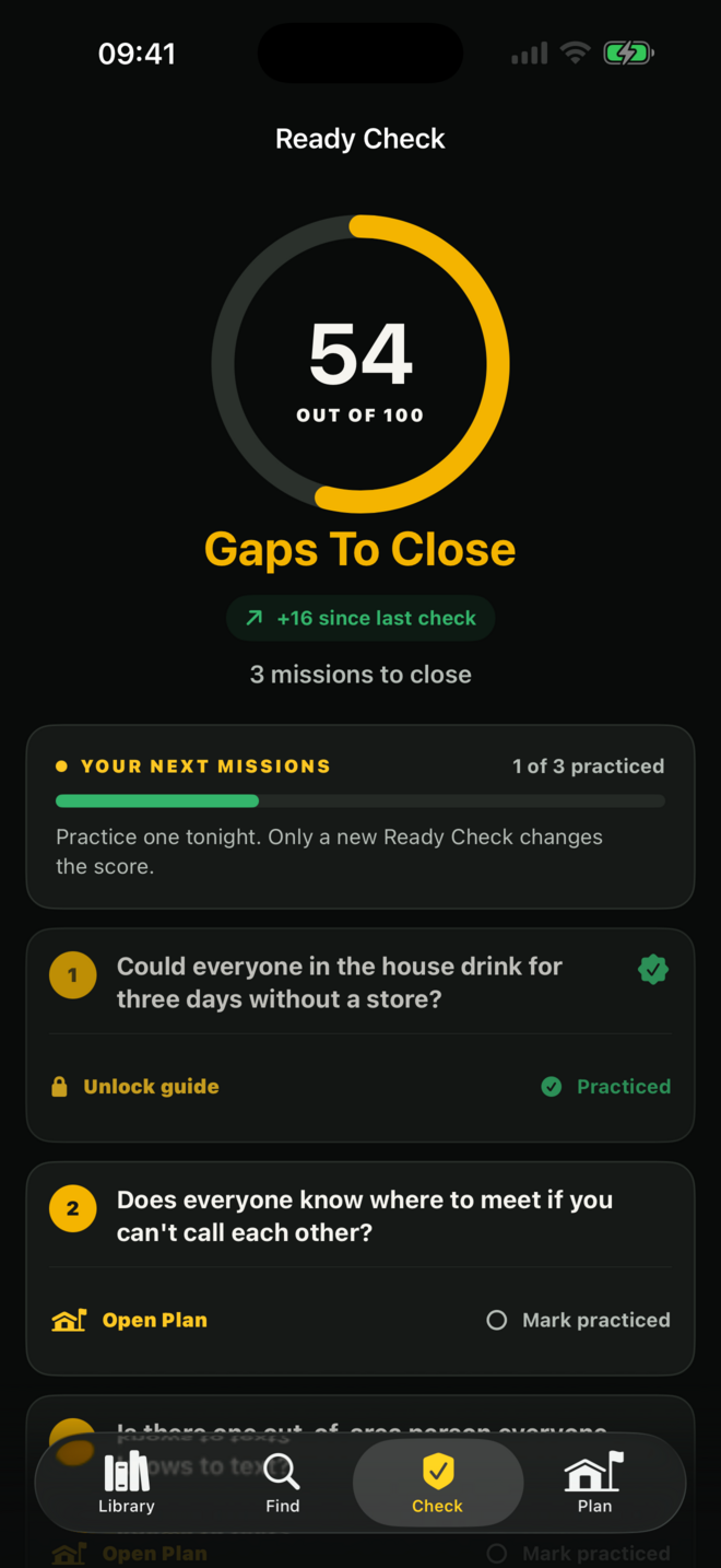 Ready Check showing a score of 54, a 16-point improvement, and three preparedness missions